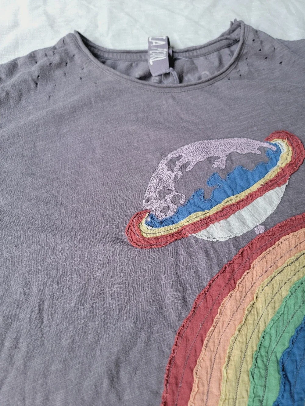 Magnolia Pearl Saturn Disco Applique Rainbow Tee Tshirt Distressed Bohobocentric